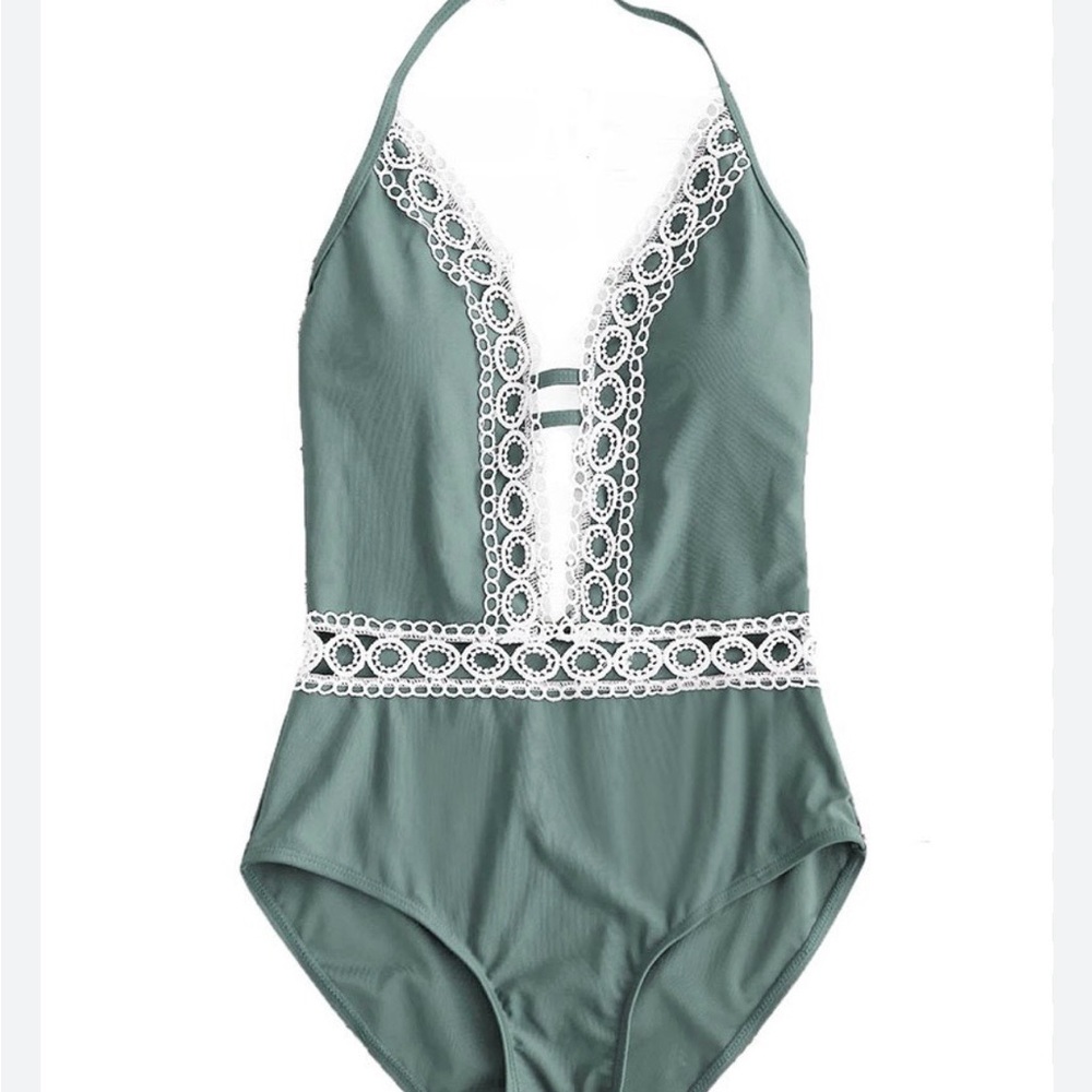 NWOT Sage Green One-Piece Swimsuit with White Lace Trim